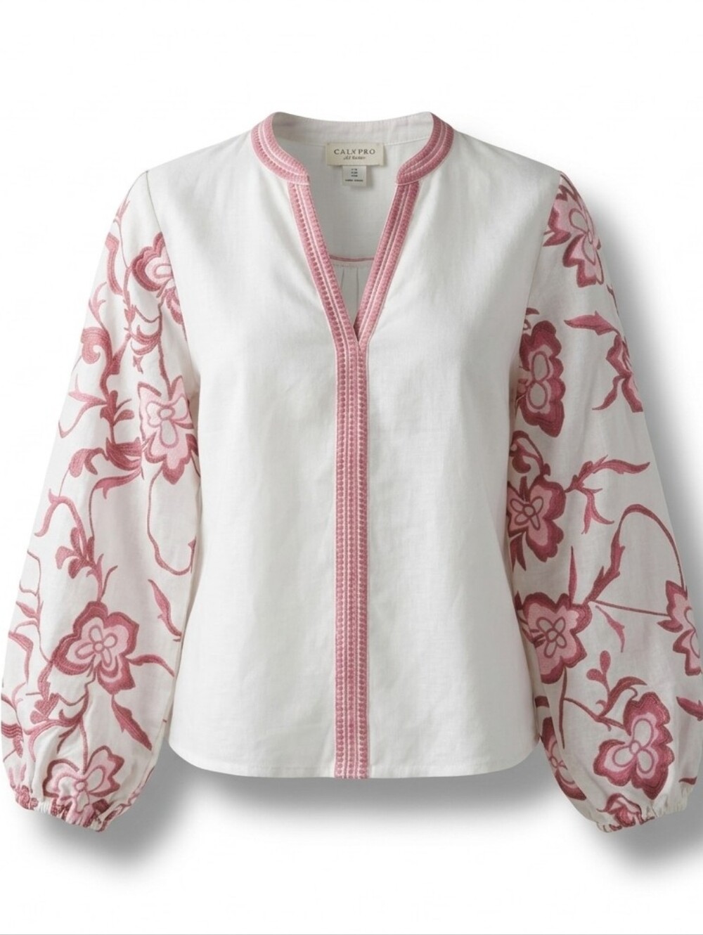 Calypso St Barth Romantic Floral Embroidered Cotton Flax Balloon Sleeve Blouse M
